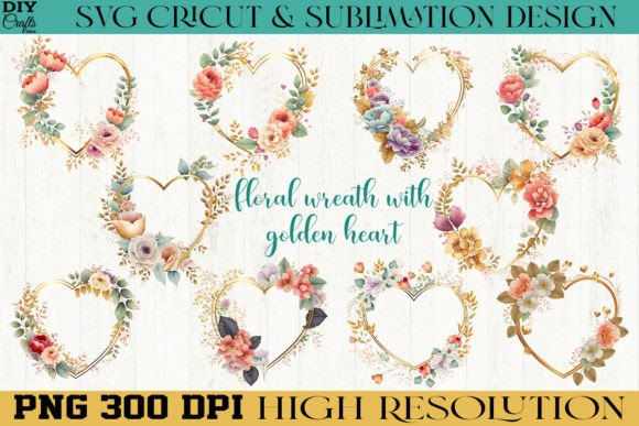 Download Floral Wreath with Golden Heart Bundle - Golden Collection